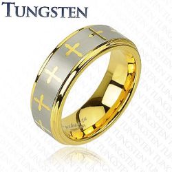 Šperky Eshop - Tungstenový prsteň v zlatom odtieni, krížiky a pás striebornej farby, 8 mm Z39.1 - Veľkosť: 52 mm