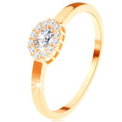 Šperky Eshop - Zlatý prsteň 585 - oválny číry zirkón lemovaný okrúhlymi zirkónikmi S3GG112.47/113.01/06 - Veľkosť: 62 mm