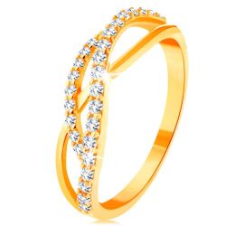 Šperky Eshop - Zlatý prsteň 585 - prepletené vlnky - jedna hladká a dve zirkónové S3GG130.04/130.11/16 - Veľkosť: 49 mm