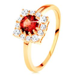 Šperky Eshop - Zlatý prsteň 585 - štvorcový zirkónový obrys, okrúhly červený granát S3GG127.10/127.41/45 - Veľkosť: 56 mm