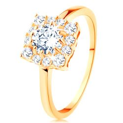 Šperky Eshop - Zlatý prsteň 585 - štvorcový zirkónový obrys, okrúhly číry zirkón v strede S3GG127.09/127.35/40 - Veľkosť: 56 mm
