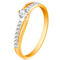 Šperky Eshop - Zlatý prsteň 585 s rozdelenými dvojfarebnými ramenami, číre zirkóny S3GG197.56/64 - Veľkosť: 49 mm