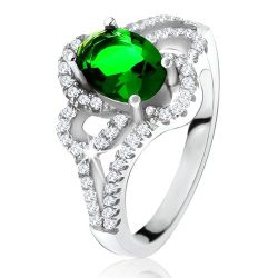 Strieborný 925 prsteň, šikmý oválny zelený zirkón, zaoblené línie, číre kamienky SP29.06 - Veľkosť: 50 mm