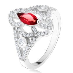 Strieborný 925 prsteň, zrniečkový červený kameň, vyrezávané zirkónové ramená U18.03 - Veľkosť: 49 mm