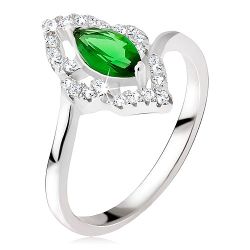 Strieborný prsteň 925 - elipsovitý kamienok zelenej farby, zirkónová kontúra BB16.14 - Veľkosť: 51 mm