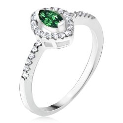 Strieborný prsteň 925 - elipsovitý zelený kamienok, zirkónová kontúra BB15.04 - Veľkosť: 68 mm