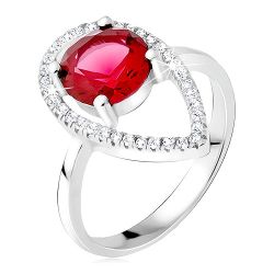 Strieborný prsteň 925 - okrúhly červený kameň, slzičková kontúra zo zirkónov BB16.18 - Veľkosť: 53 mm