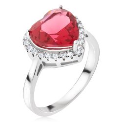 Strieborný prsteň 925 - veľký červený srdcový kameň, zirkónový lem BB17.01 - Veľkosť: 52 mm