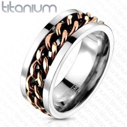 Titánový prsteň striebornej farby - reťaz v medenom farebnom odtieni J3.8 - Veľkosť: 65 mm