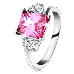 Trblietavý prsteň v striebornom odtieni, obdĺžnikový zirkón v ružovej farbe G10.21 - Veľkosť: 60 mm