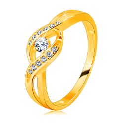 Zlatý prsteň zo 14K zlata - tenké prepletené ramená so zirkónikmi, okrúhly ligotavý zirkón  S1GG238.25/30 - Veľkosť: 49 mm