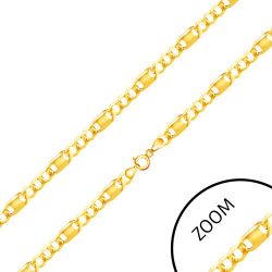 Šperky Eshop - Lesklá zlatá retiazka 585 - tri oválne očká, článok s obdĺžnikovou známkou, 450 mm GG170.28