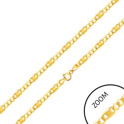 Šperky Eshop - Lesklá zlatá retiazka 585 - tri oválne očká, článok s obdĺžnikovou známkou, 500mm S2GG170.37