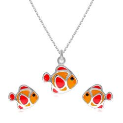 Dvojdielna sada zo striebra 925 - náhrdelník a náušnice, červeno-oranžová rybička R24.02
