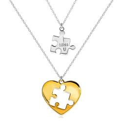 Šperky Eshop - Dvojset zo striebra 925 - dva náhrdelníky, puzzle s nápisom, srdce s vyrezaným puzzle uprostred R08.08