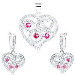 Šperky Eshop - Sada - strieborné náušnice a prívesok 925, číre srdce, špirály, ružové zirkóny S19.25