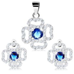 Šperky Eshop - Sada zo striebra 925, náušnice a prívesok, číry obrys kvetu, modrý zirkón R28.14
