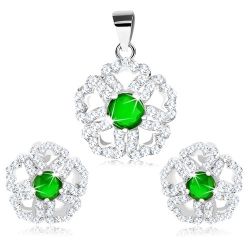 Šperky Eshop - Set zo striebra 925 - prívesok a náušnice, ligotavý kvet so zeleným stredom R29.5