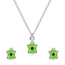 Šperky Eshop - Strieborná 925 dvojdielna sada - náhrdelník a náušnice, korytnačka so zelenou glazúrou na pancieri R24.10