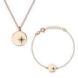 Šperky Eshop - Strieborná sada 925, ružovozlatý odtieň - náramok a náhrdelník, kruh, Polárka a diamant S25.04