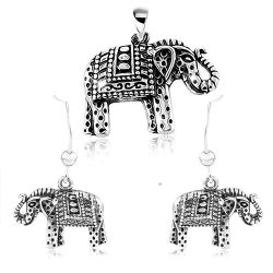 Šperky Eshop - Strieborný 925 set, náušnice a prívesok, gravírovaný slon s čiernou patinou SP85.05