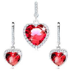 Šperky Eshop - Strieborný set 925 - náušnice a prívesok, červené srdce s čírymi zirkónikmi V05.19