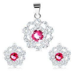 Šperky Eshop - Strieborný set 925 - prívesok a náušnice, číry kvet s červeno-ružovým stredom R27.24