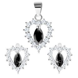 Šperky Eshop - Strieborný set 925 - prívesok a náušnice, číry obrys srdca s čiernym zrnkom R28.16