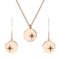 Šperky Eshop - Strieborný set 925 ružovozlatej farby - náhrdelník a náušnice, kruh s Polárkou, čierny diamant S22.31