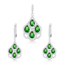 Šperky Eshop - Strieborný set 925, prívesok a náušnice, zelené zirkónové kvapky, číry lem S26.26