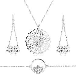 Šperky Eshop - Strieborný trojset 925 - náhrdelník, náramok, náušnice, motív kvetu s vykrojenými lupeňmi R16.10