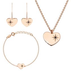 Šperky Eshop - Trojset ružovozlatej farby, striebro 925 - lesklé srdce, severná hviezda, čierny diamant S25.05